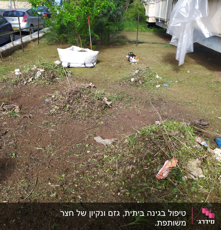 ערימת גזם, מסור חשמלי ושק לבן בגינה